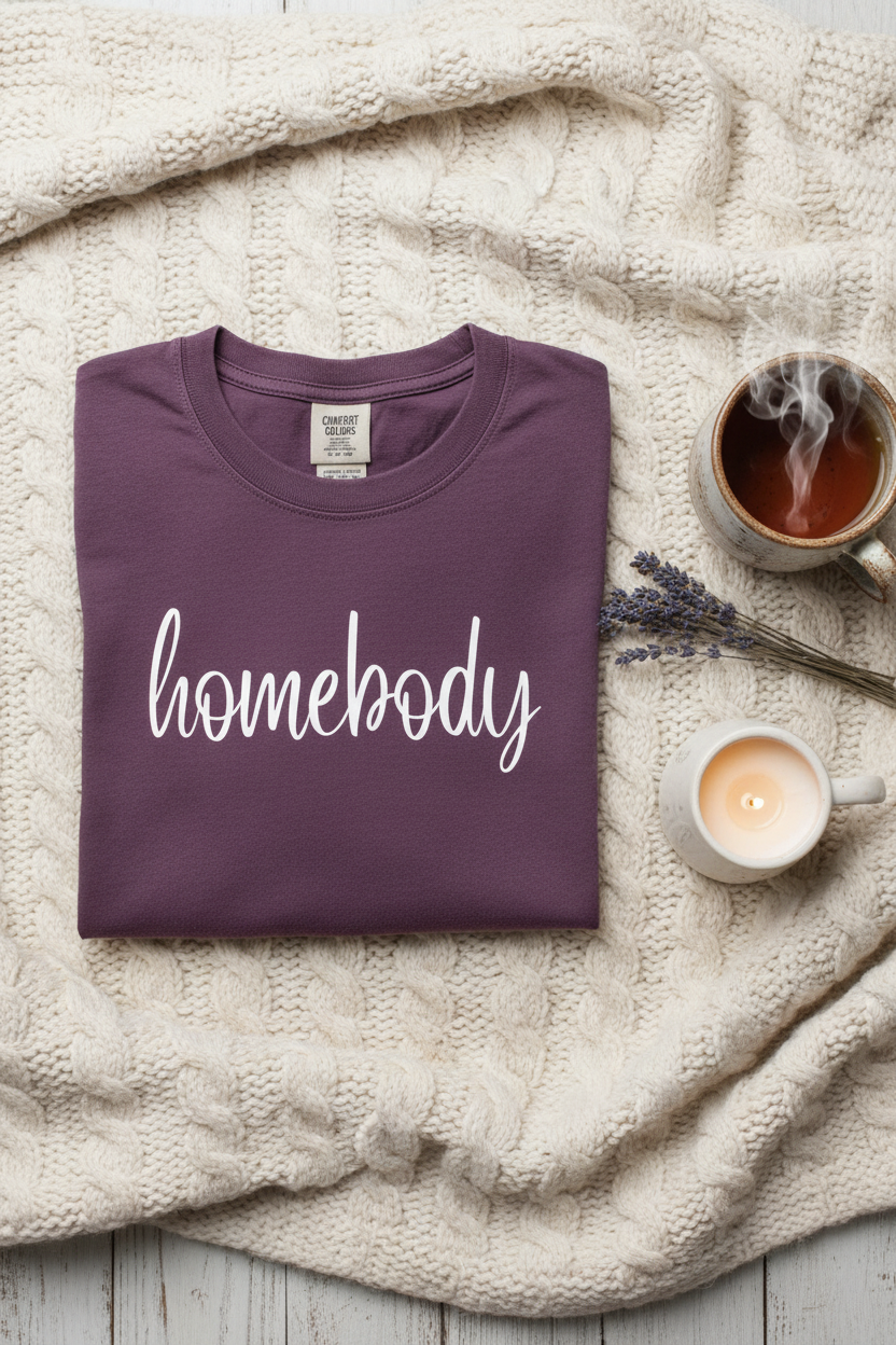 Homebody tee styled with cozy knit blanket, steaming tea mug, and dried lavender