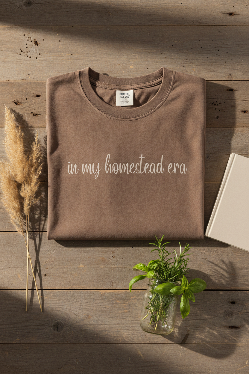 In My Homestead Era tee styled on weathered wood with mason jar, herbs, and pampas grass