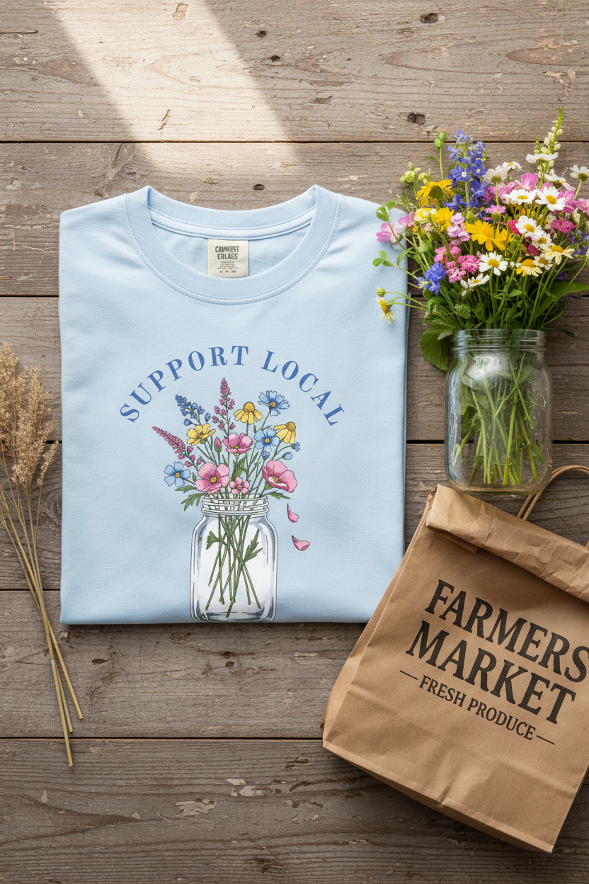Support Local tee styled on rustic wood with fresh wildflowers in a mason jar and farmers market bag